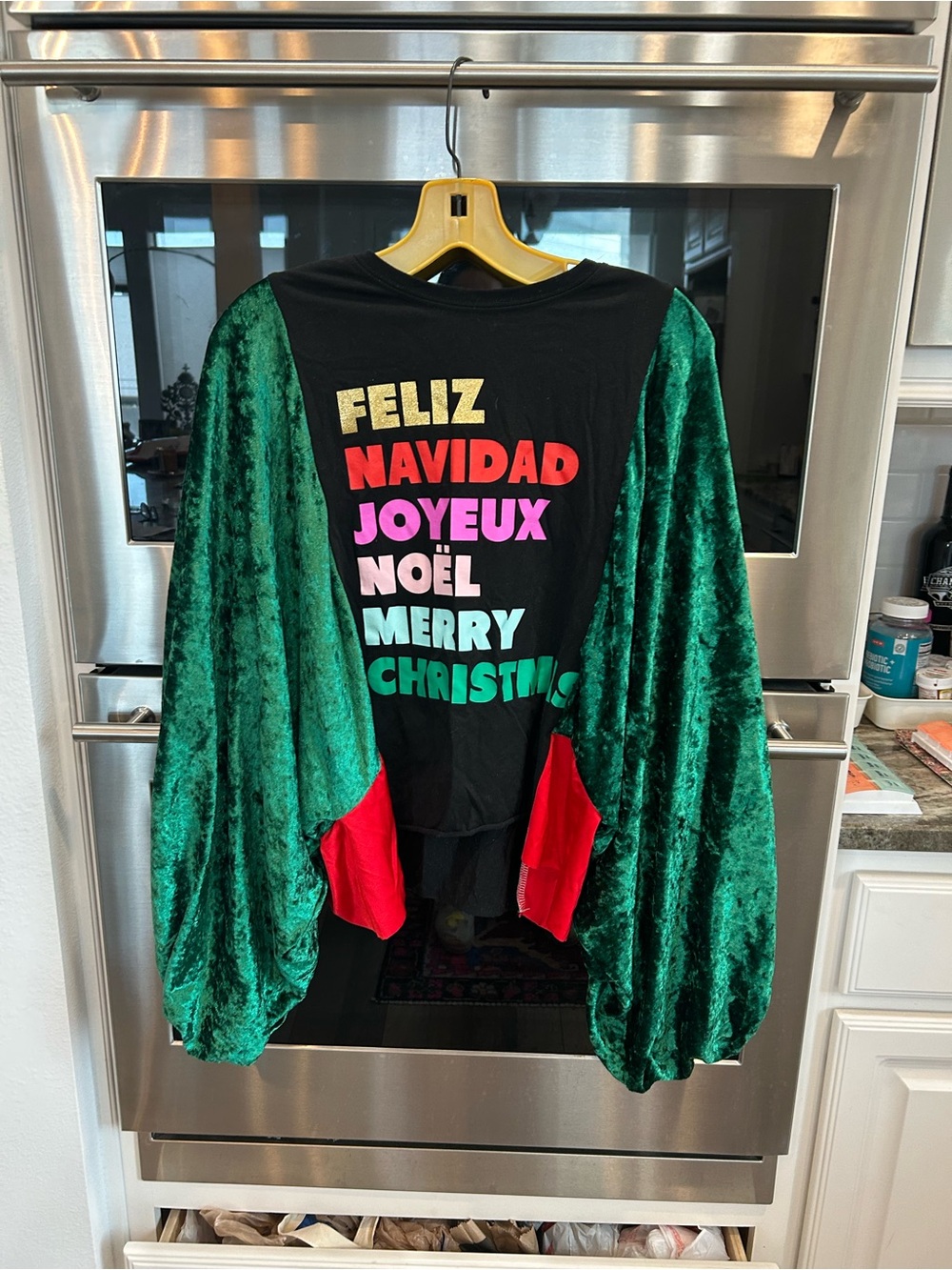 Upcycled Holiday Tshirt with oversized Velvet bishop sleeves size L